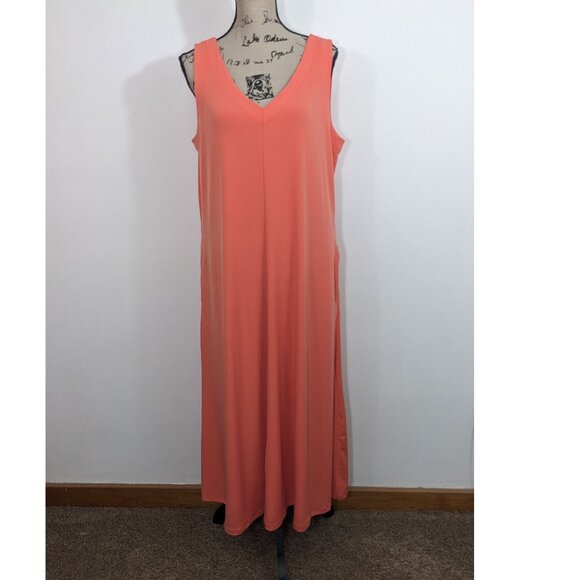 Chico's Easy Chic Sleeveless Maxi Dress Coral Orange Stretch V-Neck L (2) 12/14 - Picture 1 of 11